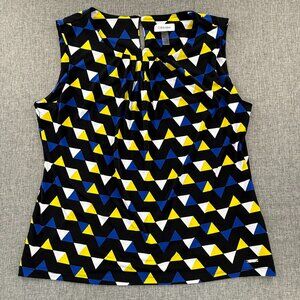 Calvin Klein Sleeveless Blouse Geometric Blue Black Yellow‎ White Round Neck XL